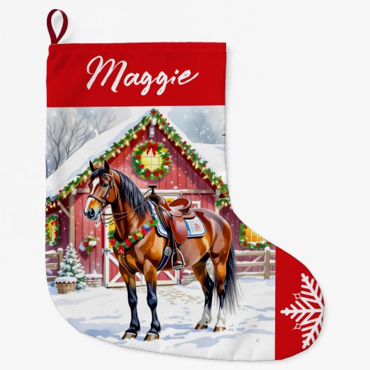フェスティバル茶色の馬と冬の納屋のクリスマス ラージクリスマスストッキング (正面)