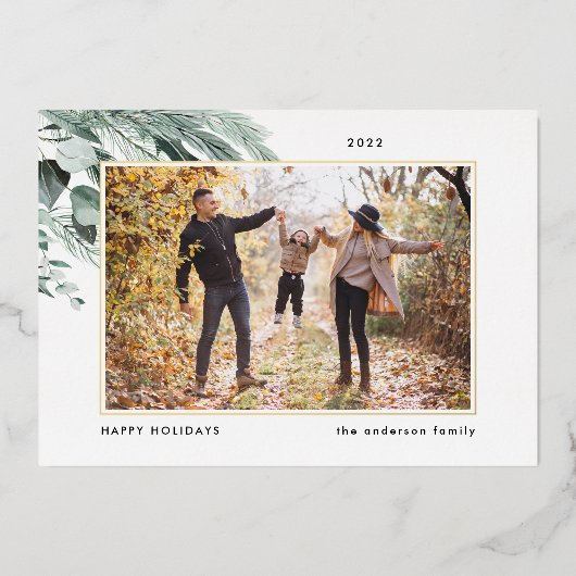フェスティバル葉 |クリスマスエレガントの家族の写真 箔シーズンカード (正面)