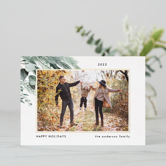 フェスティバル葉 |クリスマスエレガントの家族の写真 箔シーズンカード (立ち正面)