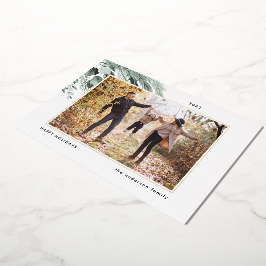 フェスティバル葉 |クリスマスエレガントの家族の写真 箔シーズンカード (回転した状態)