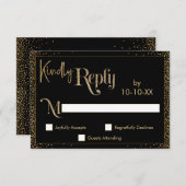 フェスティバル親切に返信フェイク金ゴールド紙吹雪オン黒 出欠カード (正面/裏面)