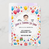 フェスティバル誕生日会の風船とギフト縁どー 招待状 (正面/裏面)