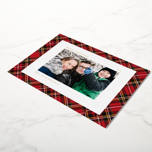 フェスティバル赤い格子模様の写真メリークリスマス 箔シーズンカード (回転した状態)