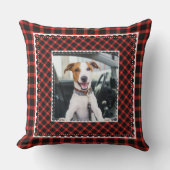 フェスティバル赤い格子模様の犬写真 クッション (正面)
