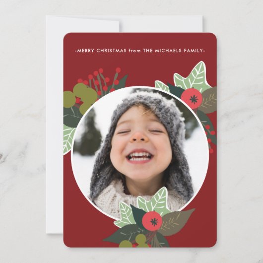 フェスティバル赤い植物丸フォトクリスマス シーズンカード (正面)
