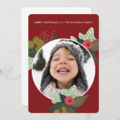 フェスティバル赤い植物丸フォトクリスマス シーズンカード (正面/裏面)