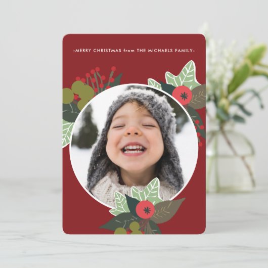 フェスティバル赤い植物丸フォトクリスマス シーズンカード (スタンド正面)