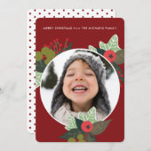 フェスティバル赤い植物丸フォトクリスマス シーズンカード (正面/裏面)