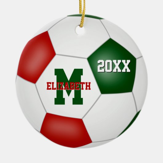 フェスティバル赤い白い緑の女の子の男の子サッカーを記念する セラミックオーナメント (正面)