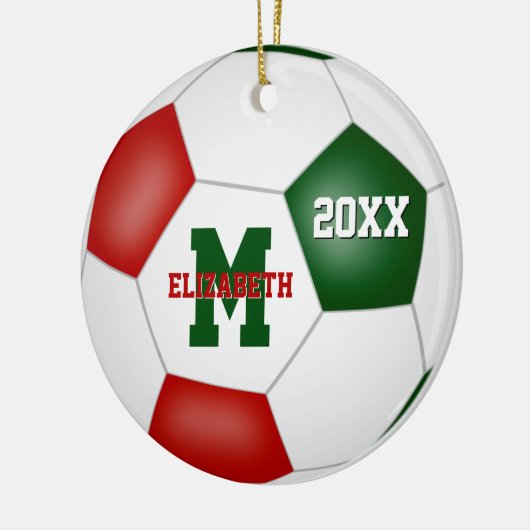 フェスティバル赤い白い緑の女の子の男の子サッカーを記念する セラミックオーナメント (左)