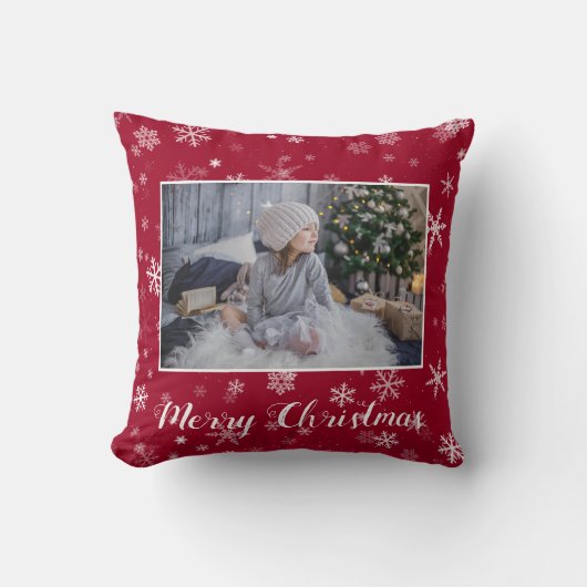 フェスティバル赤い雪片メリークリスマスフォト クッション (正面)