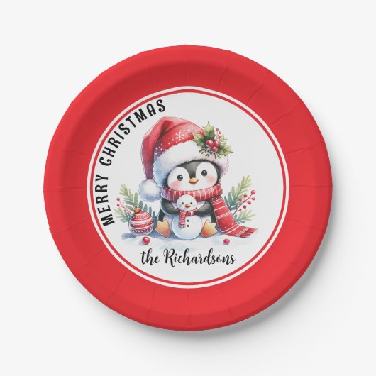 フェスティバル赤と白かわいいペンギンメリークリスマス ペーパープレート (正面)