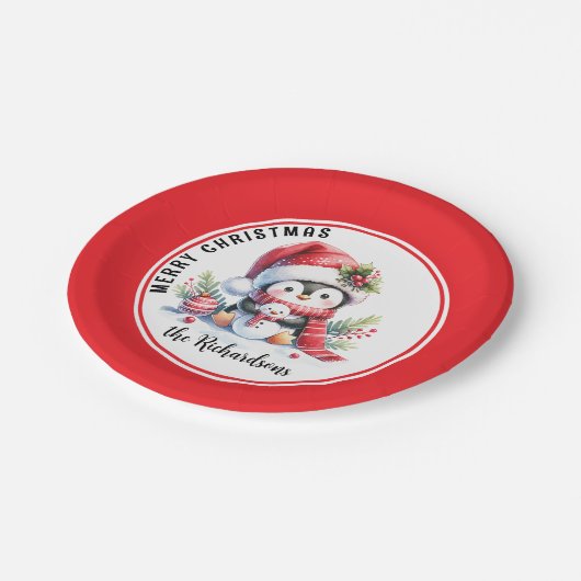 フェスティバル赤と白かわいいペンギンメリークリスマス ペーパープレート (アングル)