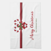 フェスティバル赤と白キャンディーキャネスボウアンド文字 キッチンタオル (縦)