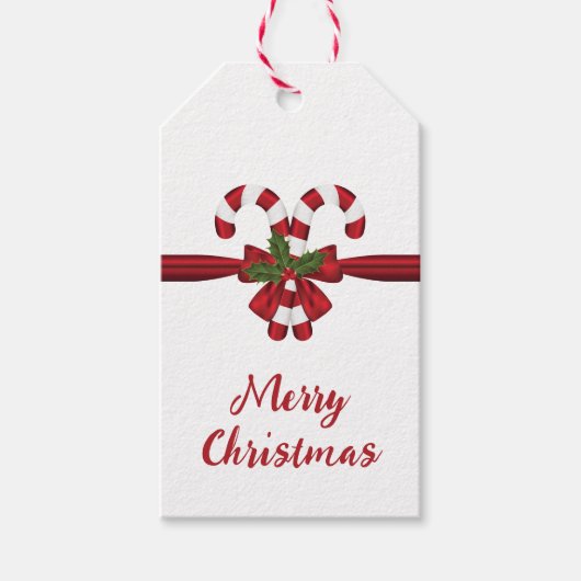 フェスティバル赤と白キャンディーキャネスボウアンド文字 ギフトタグ (正面)