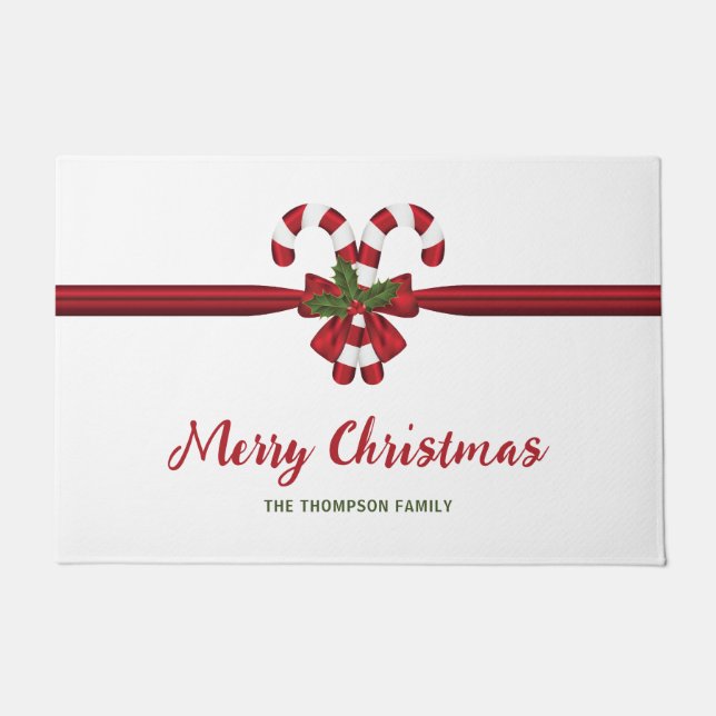 フェスティバル赤と白キャンディーキャネスボウアンド文字 ドアマット (正面)