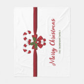 フェスティバル赤と白キャンディーキャネスボウアンド文字 フリースブランケット (正面)