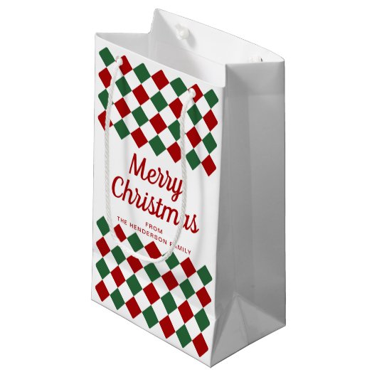 フェスティバル赤と緑がメリークリスマスをチェック スモールペーパーバッグ (正面アングル)