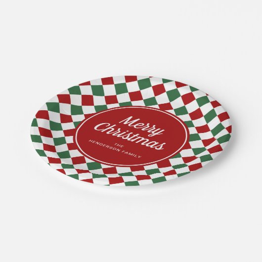 フェスティバル赤と緑のチェックされたクリスマス ペーパープレート (アングル)