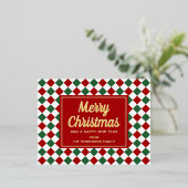 フェスティバル赤と緑のチェックのクリスマス金ゴールド 箔シーズンポストカード (立ち正面)