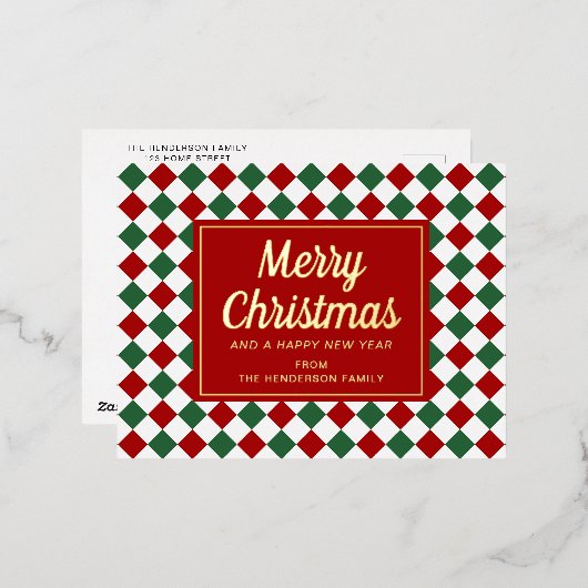 フェスティバル赤と緑のチェックのクリスマス金ゴールド 箔シーズンポストカード (正面/裏面)