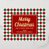 フェスティバル赤と緑のチェックのクリスマス金ゴールド 箔シーズンポストカード (正面)