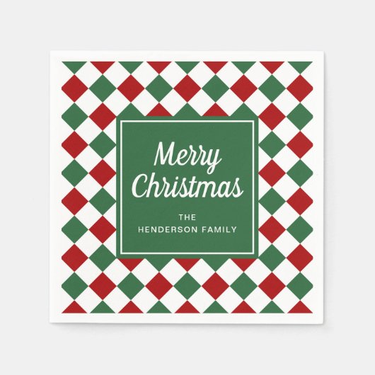 フェスティバル赤と緑のチェックメリークリスマス スタンダードカクテルナプキン (正面)