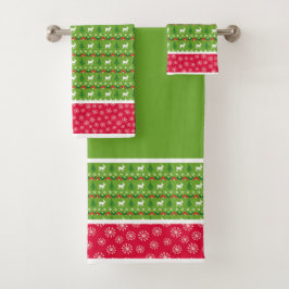 フェスティバル赤と緑のトナカイ，木，雪片 バスタオルセット
