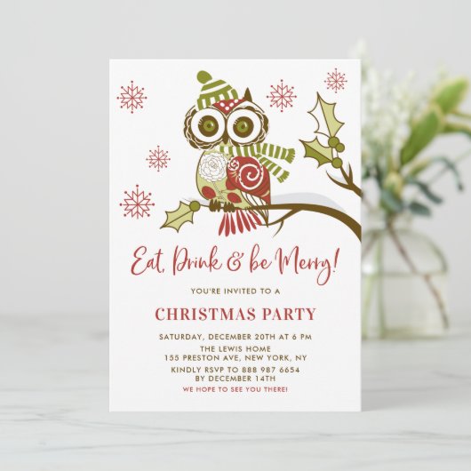 フェスティバル赤と緑のフクロウのクリスマスパーティー 招待状 (スタンド正面)