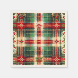 フェスティバル赤と緑の格子模様のクリスマスナプキン スタンダードカクテルナプキン