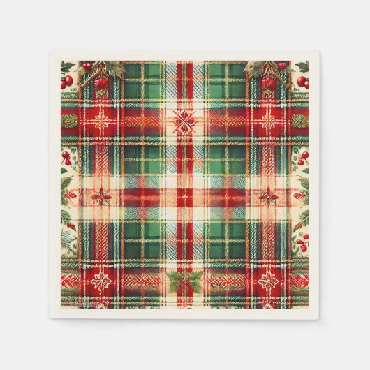 フェスティバル赤と緑の格子模様のクリスマスナプキン スタンダードカクテルナプキン (正面)