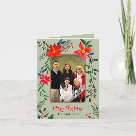 フェスティバル赤フローラ水色1写真クリスマス シーズンカード (正面)