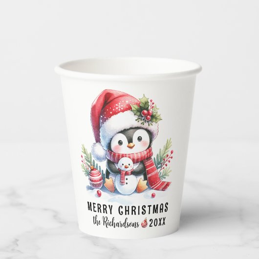 フェスティバル赤白かわいいペンギンメリークリスマス 紙コップ (正面)