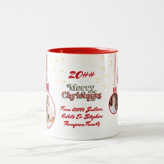 フェスティバル赤白初めてのクリスマス3 Photo Collage ツートーンマグカップ (中央)
