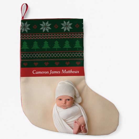 フェスティバル赤緑写真ベビー初 スモールクリスマスストッキング (正面)