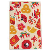 フェスティバル赤金ゴールド中国の年末年始シンボル ミディアムペーパーバッグ (正面)