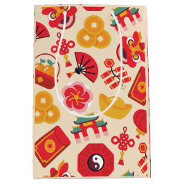 フェスティバル赤金ゴールド中国の年末年始シンボル ミディアムペーパーバッグ