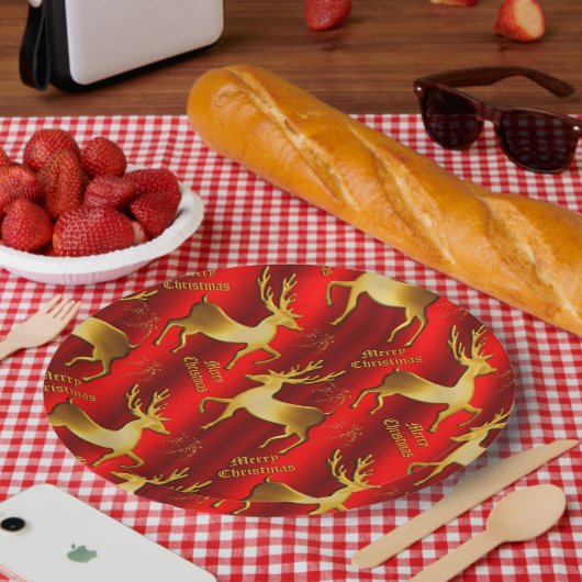 フェスティバル金ゴールドと赤トナカイのクリスマス ペーパープレート (ピクニック)