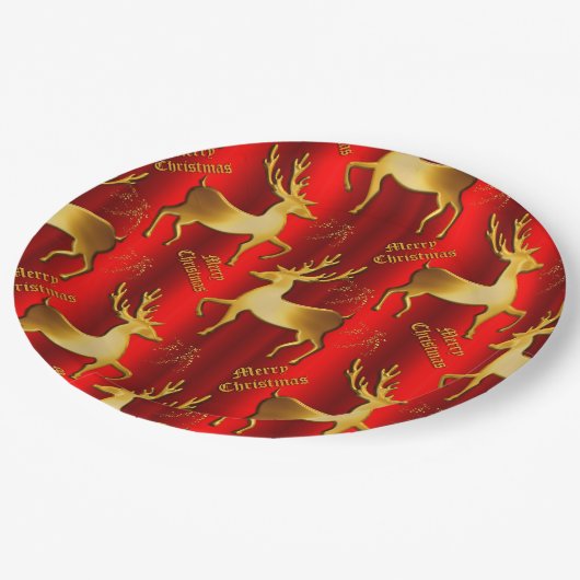 フェスティバル金ゴールドと赤トナカイのクリスマス ペーパープレート (アングル)