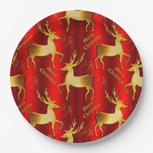 フェスティバル金ゴールドと赤トナカイのクリスマス ペーパープレート (正面)
