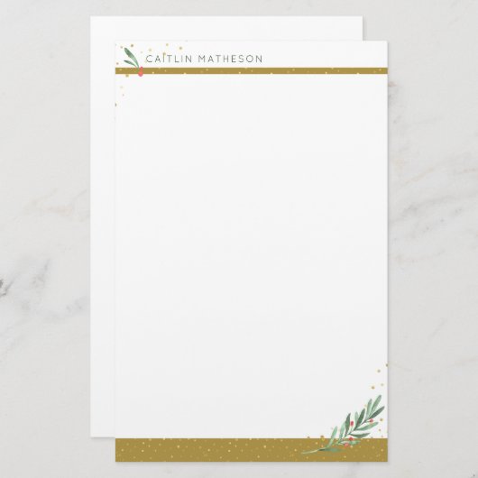 フェスティバル金ゴールドウィンターグリーナリークリスマスホリデー 便箋 (正面/裏面)