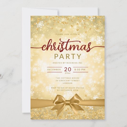 フェスティバル金ゴールドウィンタースノーフレークスカンパニーリボン 招待状 (正面)