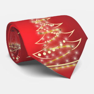 フェスティバル金ゴールドクリスマスツリーオンレッド ネクタイ