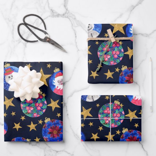 フェスティバル金ゴールドグリッター星オーナメント水色 ラッピングペーパーシート (正面)