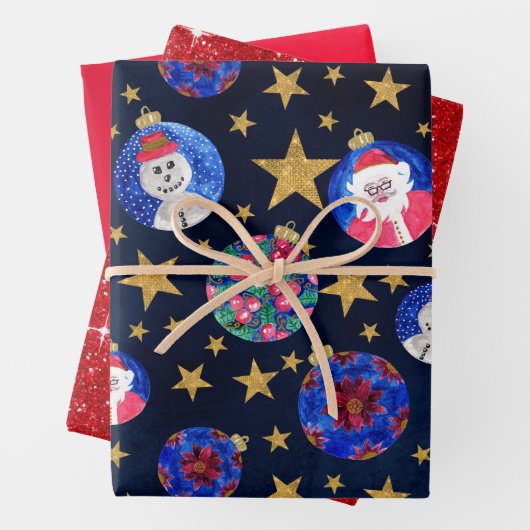 フェスティバル金ゴールドグリッター星オーナメント水色 ラッピングペーパーシート (インサイチュ)