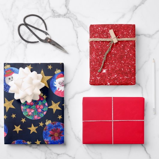 フェスティバル金ゴールドグリッター星オーナメント水色 ラッピングペーパーシート (正面)