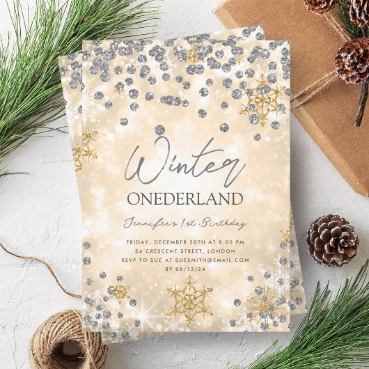 フェスティバル金ゴールドシルバーウィンターONEDERLAND 1st誕生日 招待状
