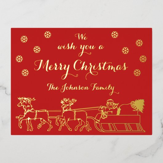 フェスティバル金ゴールドスクリプトメリークリスマスサンタオンスレル 箔招待状ポストカード (正面)