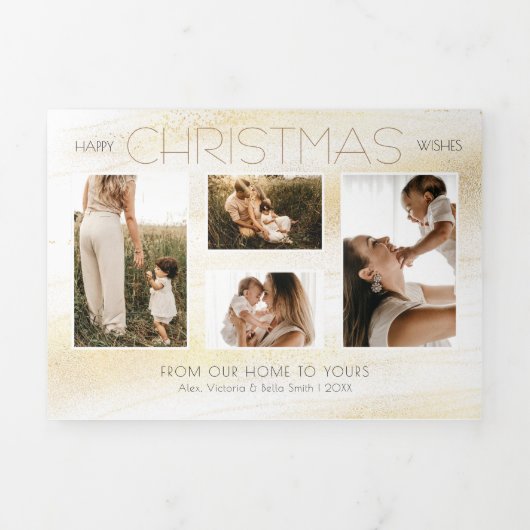 フェスティバル金ゴールドスターダスト数々のクリスマスフォト 三つ折りクリスマスカード (カバー)