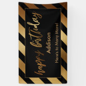 フェスティバル金ゴールドストライプオンブラックハッピーバースデー 横断幕 (縦)